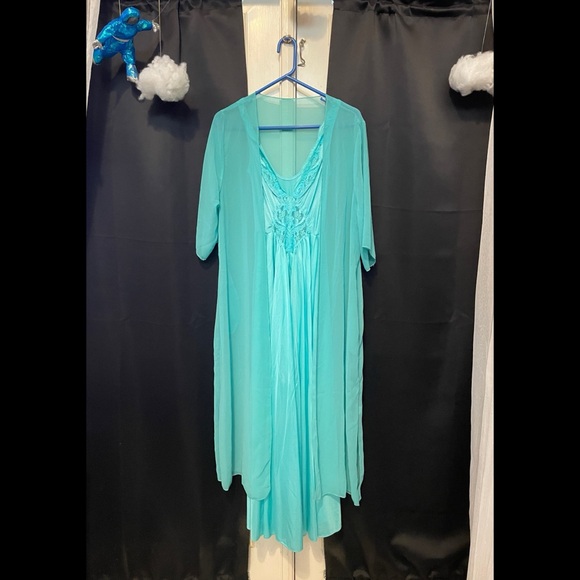 M Vintage 70s Olga Teal stretchy satin-like maxi dress nightgown - Picture 8 of 16